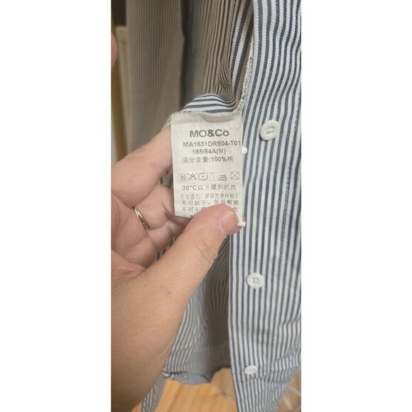 Mo & Co long sleeve blue striped button down dress with patches and beadwork - Picture 6 of 7